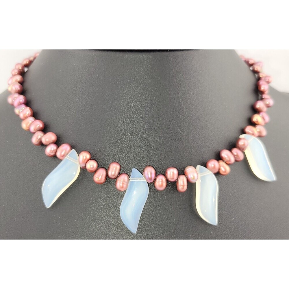 Cultured Purple Freshwater Pearl Opal Glass Wave Bib Collar Choker Necklace 15"